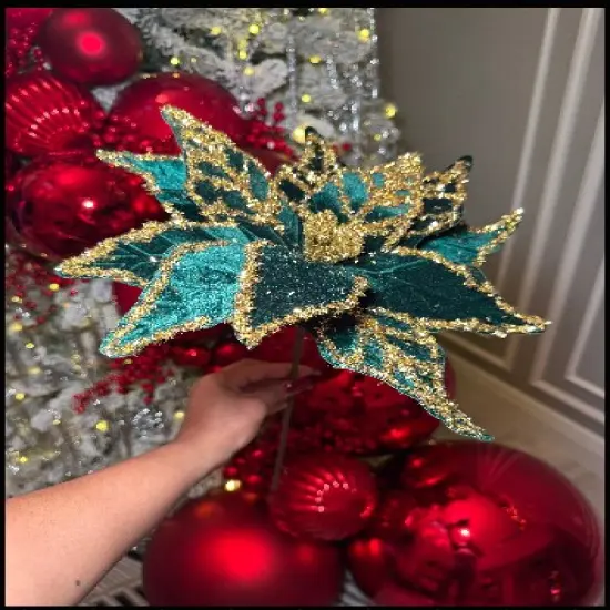 Green and Gold Glittered Poinsettia Christmas Flower Stem Spray 13'' Set of 3 {5}