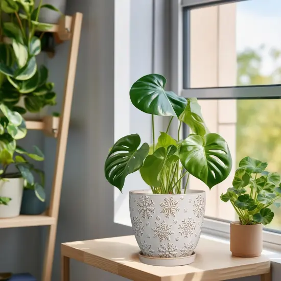 6.9 Inch Ceramic Planter with Drainage Hole and Saucer (Snowflakes White) {4}