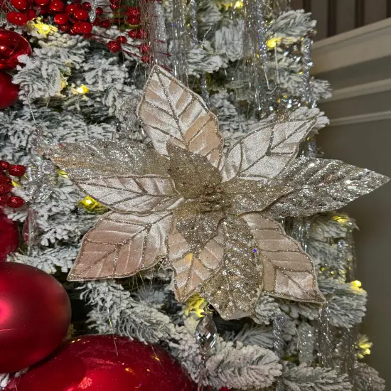 Champagne Glittered Poinsettia Christmas Flower Stem Spray 13'' Set of 3 {4}