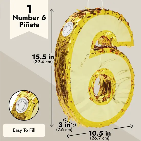 Juvale Gold Foil Number 6 Pinata for Kids Ages 3-14 Birthday Party Decorations, Centerpieces, Anniversary Celebrations, Small (15.5 x 10.5 x 3 In) {4}