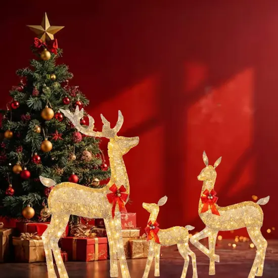 Twisted Champagne Rattan Reindeer Family for Indoor and Outdoor Holiday Use 63" + 52" + 37" {4}