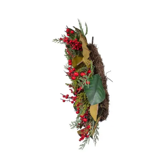 24" Un-Lit Mixed Leaves & Berries Green Wreath &ndash; Classic Christmas Decoration {3}