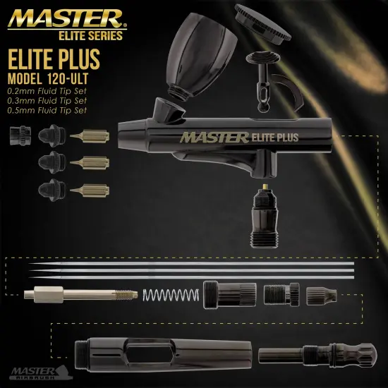 Cool Runner II Dual Fan Air Storage Tank Compressor System Kit with Master Elite Plus Ultimate Airbrush Set with 3 Tips 0.2, 0.3 and 0.5 mm, Case {4}