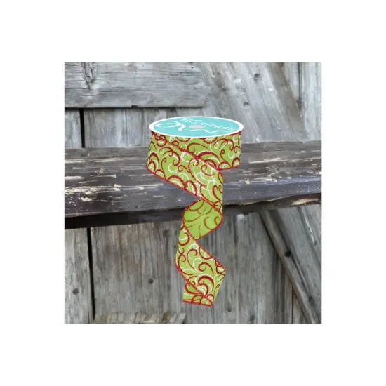 1.5" Multi Swirls Glitter Ribbon: Lime Green/Red (10 Yard) {5}