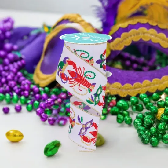2.5" Mardi Gras Crawfish Ribbon: White (10 Yards) {3}
