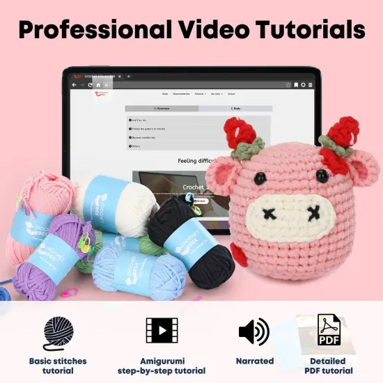 Crochet Kit for Beginners Adults - Cow Starters Crocheting Animal Kits for Kids, DIY Craft Birthday Gift with Crochet Yarns, Hook, Step-by-Step Video, Instruction and Crochet Accessories {5}
