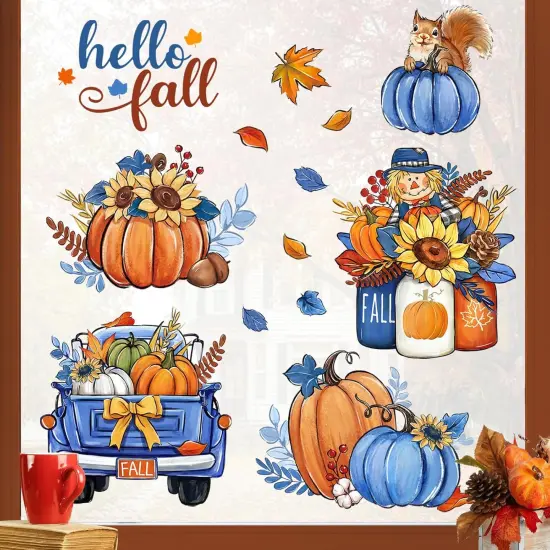 Hello Fall Blue Pumpkin Window Clings 4 Sheets - Fall Pumpkin {4}