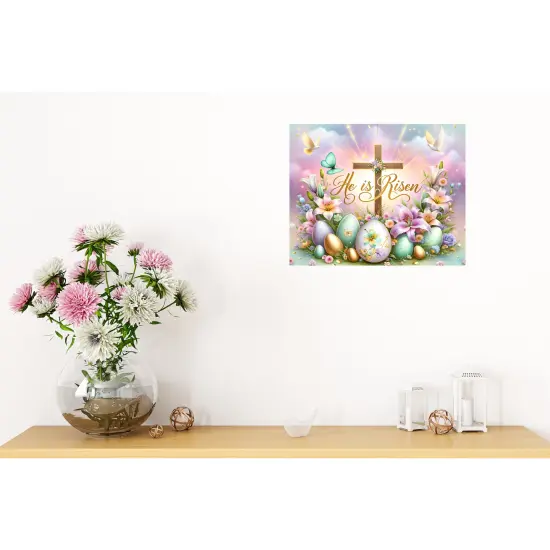 He Is Risen Cross Easter Eggs Metal Sign {2}