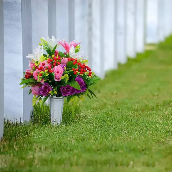 Artificial Cemetery Flowers with Vase Fake Silk Rose Lily Bouquet Grave Memorial Flowers, Colorful {4}