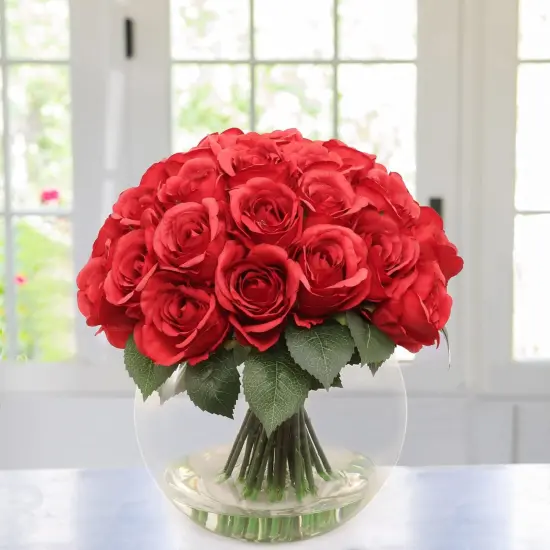Red Rose Arrangement in Faux Water Look Glass Vase, Floral Home by Artificial Flowers {2}