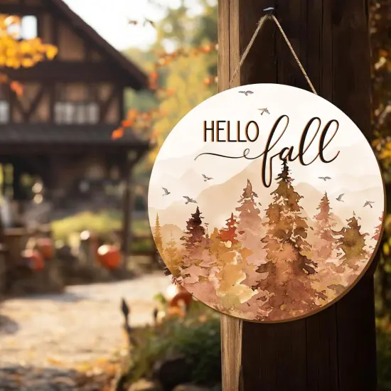 Hello Fall Forest Wooden Hanging Sign Rustic Watercolor(Brown, Beige) {6}