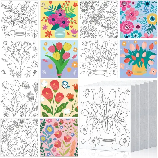 6 Pcs Pre Drawn Canvas Paint Kit - 6 Inch (Floral Style) {1}