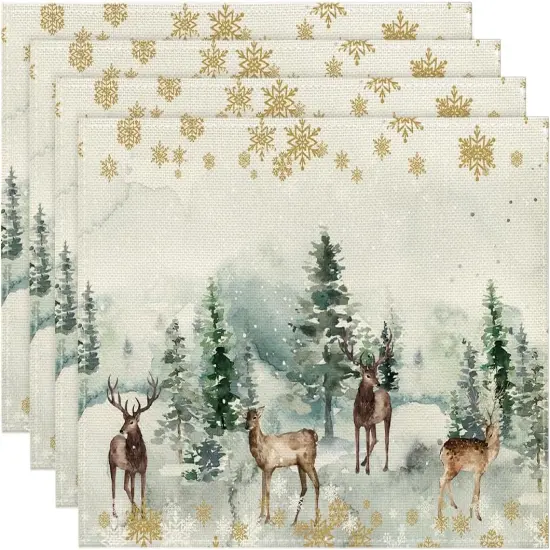 Watercolor Deer Trees Snowflakes Christmas Placemats for Dining Table(green) {1}