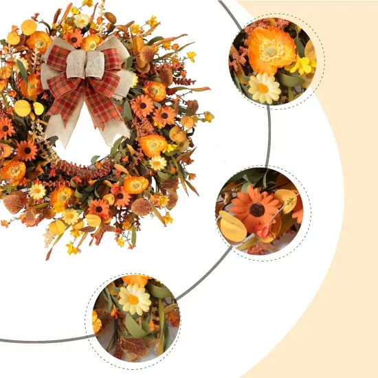 22 Inch Artificial Fall Autumn Daisy Wreath with Bowknot {2}