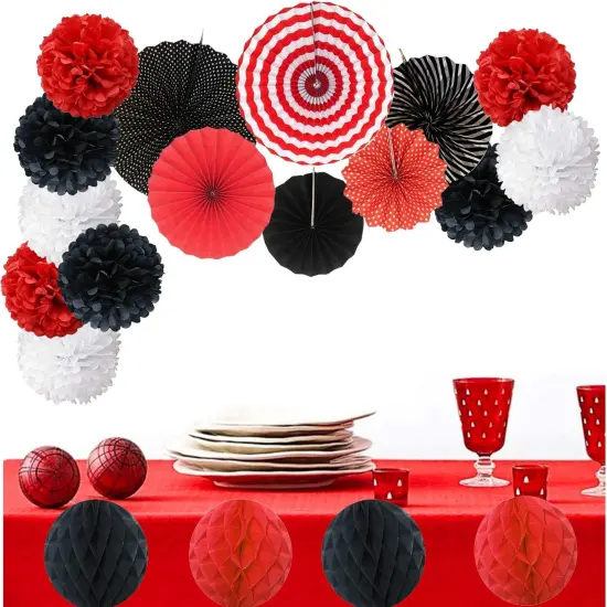 Hanging Paper Fan Set, Tissue Paper Pom Poms Flower Fan and Honeycomb Balls for Birthday Baby Shower Wedding Festival Decorations - Red Black and White {3}