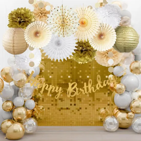 White Gold Champagne Birthday Party Decorations Tissue Pom Poms Hanging Paper Fan Paper Lanterns Gold Party Decoration for Women Girls Happy Birthday Wedding Engagement Baby Shower Decoration {4}