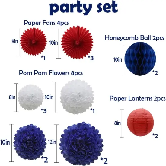Navy Blue Red White Party Decorations 16pcs Paper Pom Poms Honeycomb Balls Lanterns Tissue Fans for 4th of July Day Patriotic Shake Theme Birthday Graduation Nurse Party {5}