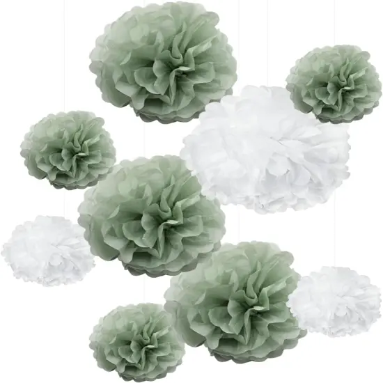 9PCS Dusty Sage Green White Large Tissue Paper Pom Poms Pastel Boho Flowers Wall Hanging Backdrop Centerpieces for Botanical Greenery Baby Shower Wedding Birthday Nursery D&eacute;cor {1}