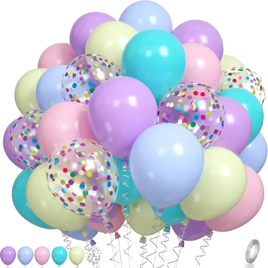 Pastel Balloons, Multicolor Macaron Balloons Latex Party Balloons, Baby Pink Blue Balloons Purple Yellow and Teal Balloons Rainbow Confetti Balloons for Kids Pastel Birthday Easter Party Baby Shower {1}