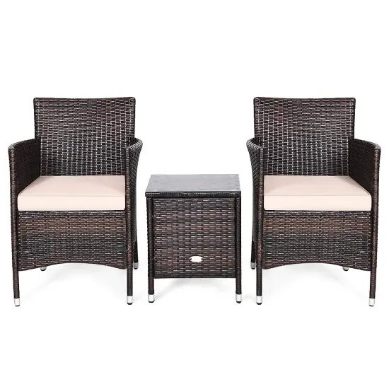 3 Pieces Patio Wicker Rattan Furniture Set with Steel Frame and Polyester Cushions Navy {11}