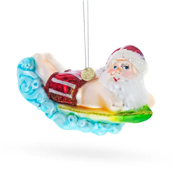 Surfing Santa Glass Christmas Ornament {1}