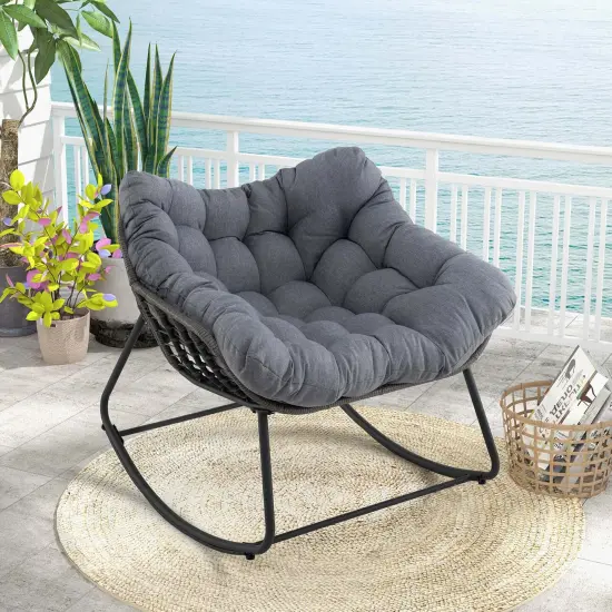 Costway 1/2 PCS Outdoor Rocking Chair Oversized Patio PE Wicker Egg Chair Rattan Lounge Chair Gray {9}