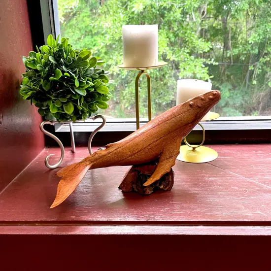 Hand Carved 11.75" Humpback Whale Wood Sculpture Nautical Decor on Base {5}