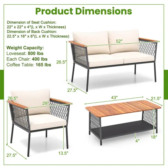 Costway 4 PCS Patio Furniture Set with 2-Tier Coffee Table Acacia Wood Armrests Tabletop {3}
