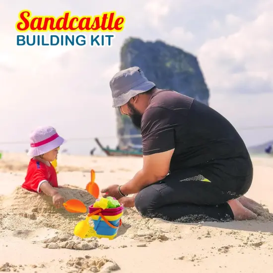 4E's Novelty 17 Pcs Beach Toys for Kids Travel - Sandcastle Building Kit 3 Collapsible Beach Bucket, 3 Shovels, 10 Sand Molds & Mesh Beach Bag, Collapsible Beach Toys for Kids {3}