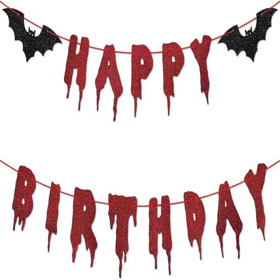 Red Glittery Happy Birthday Halloween Banner {1}