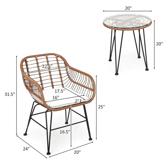 Costway 3PCS Patio Rattan Bistro Set Coffee Table Armchair Garden {5}