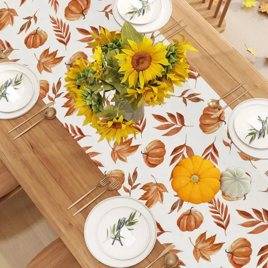 Linen Fall Table Runner 72 Inches Long Fall Leaves Pumpkin {4}