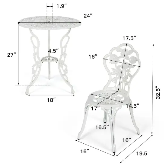Costway 3PCS Cast Aluminum Patio Bistro Furniture Set Rose Design Outdoor White {3}