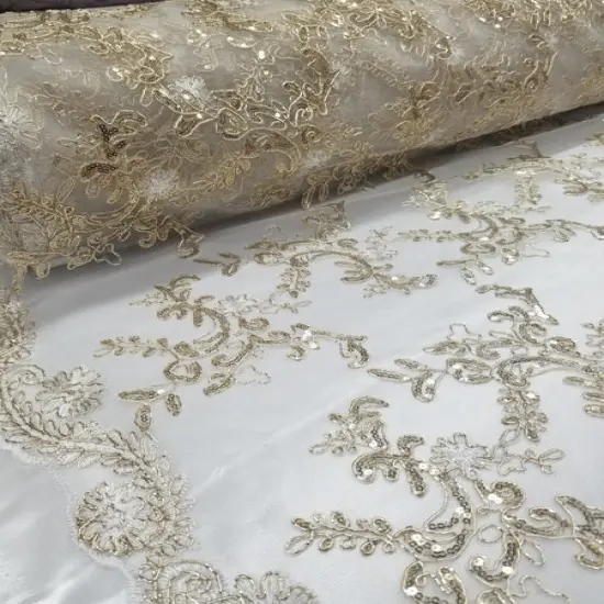 1 Yard Champagne Metallic Flowers Sequins Mesh Lace Fabric for Tablecloths and Costumes {3}
