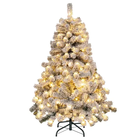Costway 4.5ft Pre-Lit Premium Snow Flocked Hinged Artificial Christmas Tree w/150 Lights {1}