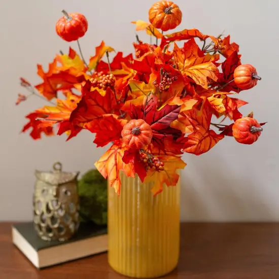 2 PCS Fall Artificial Maple Leaves Branches with Pumpkins {5}