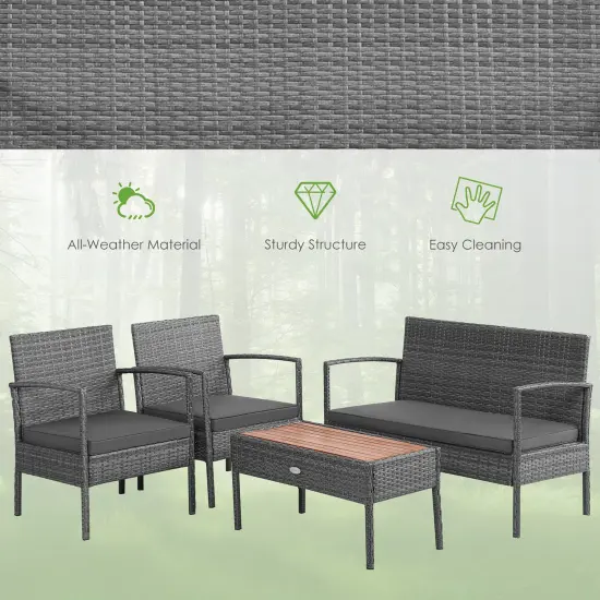 Costway 4PCS Patio Rattan Furniture Set Cushioned Chair Wooden Tabletop Gray {4}