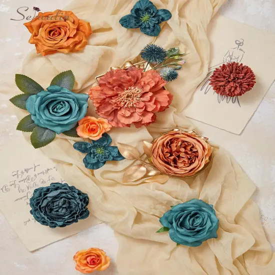 Teal Burnt Orange Silk Artificial Floral {4}