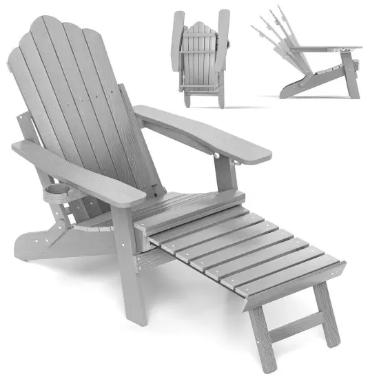 Costway Patio Adirondack Chair All-Weather HIPS Lounge Chair with Retractable Footrest Black/Brown/Gray/Navy {9}
