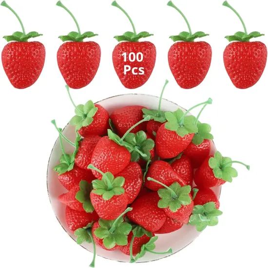 100 Pcs Fake Strawberries - 1.42" Artificial Faux Plastic Red Strawberries Decorations {1}