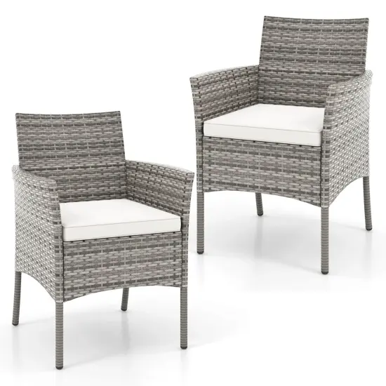 Costway Set of 2 Patio Rattan Arm Dining Chair Cushioned Sofa Furniture White {7}