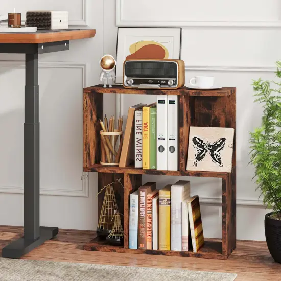 Costway 1/2 PCS 3-Tier Bookshelf Geometric Bookcase Side Table with Open Storage Display Shelf Brown {4}