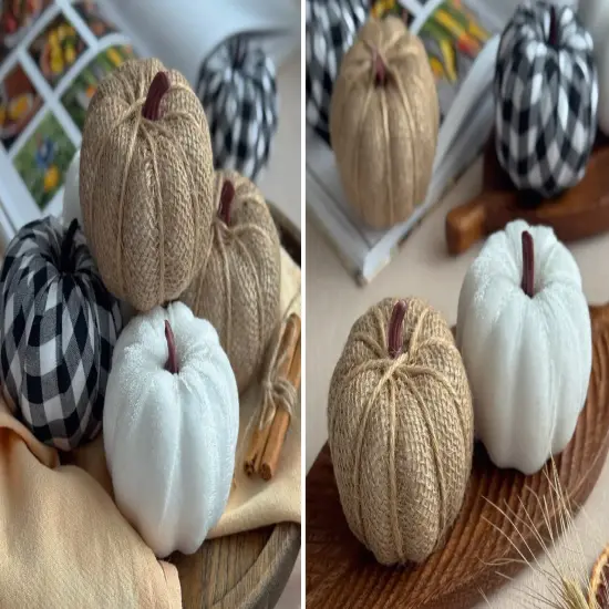 12 PCS Plaid & Burlap Faux Pumpkins &ndash; Small Fabric Foam Pumpkins in Black & White for Fall Decor, Thanksgiving, Halloween, Wedding & Farmhouse Decorations {4}