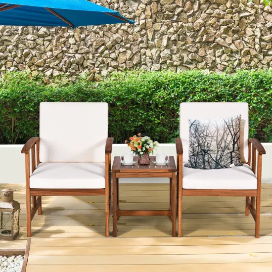 Costway 3PC Outdoor Patio Sofa Furniture Set Solid Wood Cushioned Conversation Set White {3}