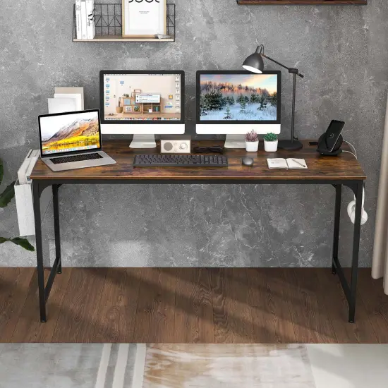 Costway 60" Modern Computer Desk with Charging Station with Storage Bag & Headphone Hook Borwn {2}