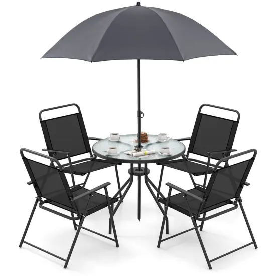 Costway 6 PCS Patio Dining Set Folding Chairs Glass Table Umbrella Garden {1}