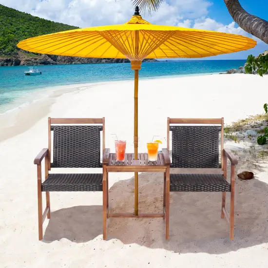 Costway 2-Seat Patio Rattan Bench Acacia Wood Frame Table W/Umbrella Hole Deck {2}