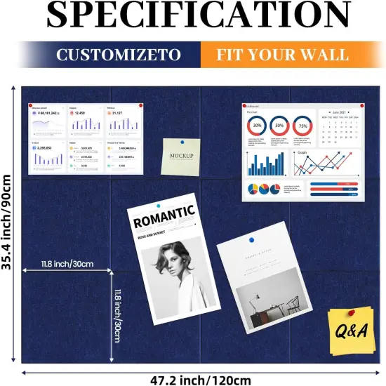 12-Pack Felt Cork Bulletin Board Set, Large Size 47''&times;35'', for HomeDeep Blue） {2}