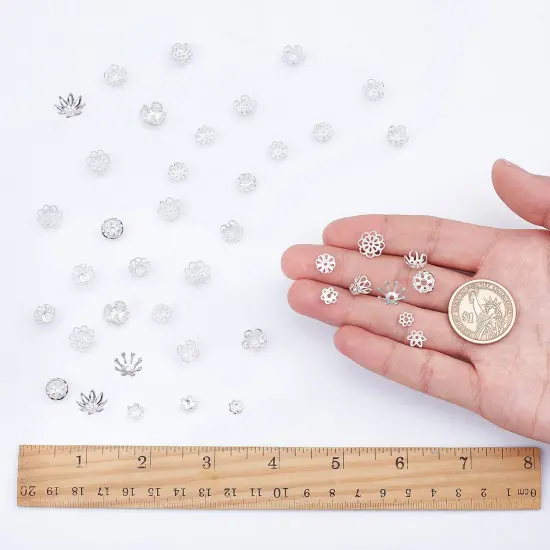 1 Box 240Pcs 12 Styles Flower Spacer Beads Caps Silver Bead Caps Mixed Tibetan Beads Jewelry Findings for DIY Earring Bracelet Necklace Keyring Making {6}