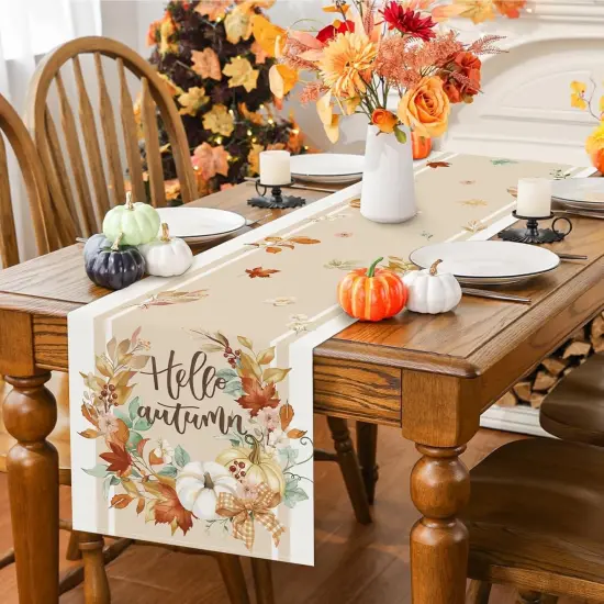 Fall Pumpkin Table Runner 13x90 Inch Hello Autumn Wreath Floral {3}